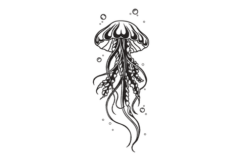 Black single-colour jellyfish embroidery design with ornate bell cap, long trailing tentacles with lacy feathery fringe branches and small scattered bubble circles.