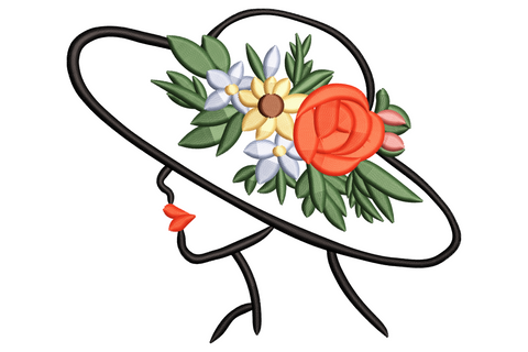 Elegant lady silhouette wearing wide floral hat with red rose and blue daisies