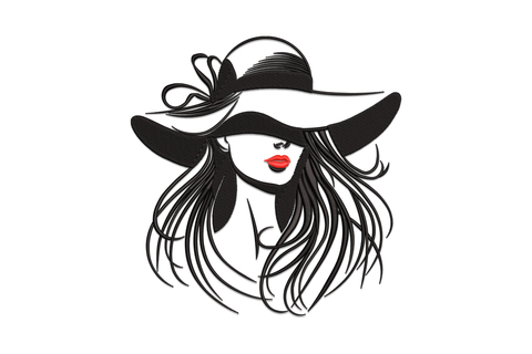 Elegant fashion lady with wide brim hat and red lips embroidery design, black silhouette with flowing hair, machine embroidery.