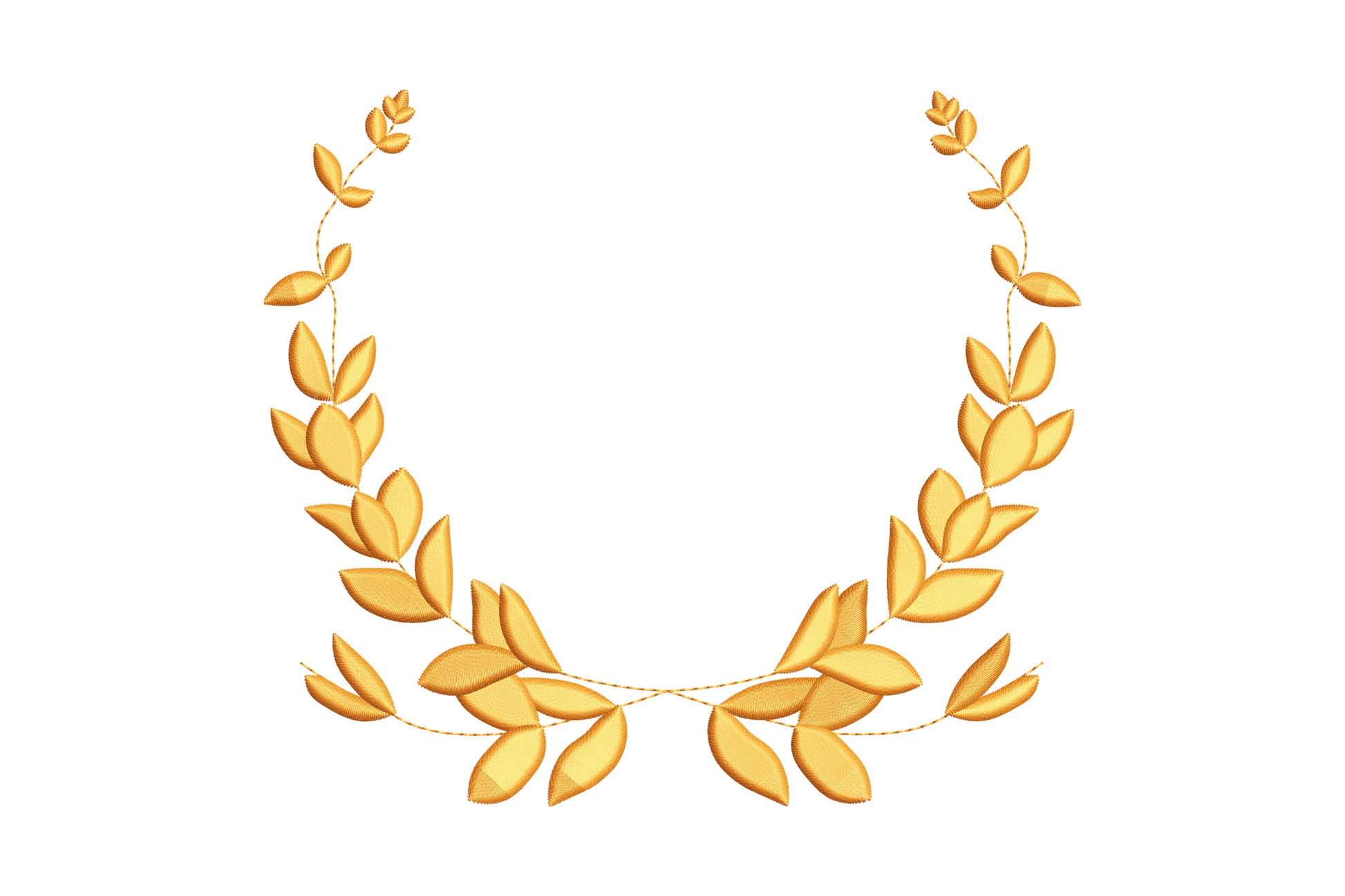 Elegant laurel leaves curve embroidery design with rounded bay-leaf style clusters in a soft symmetrical arc, stitched in single colour mustard thread.