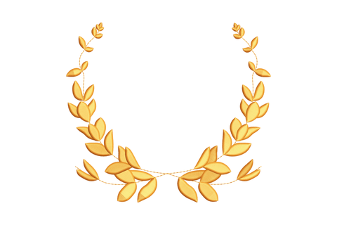 Elegant laurel leaves curve embroidery design with rounded bay-leaf style clusters in a soft symmetrical arc, stitched in single colour mustard thread.