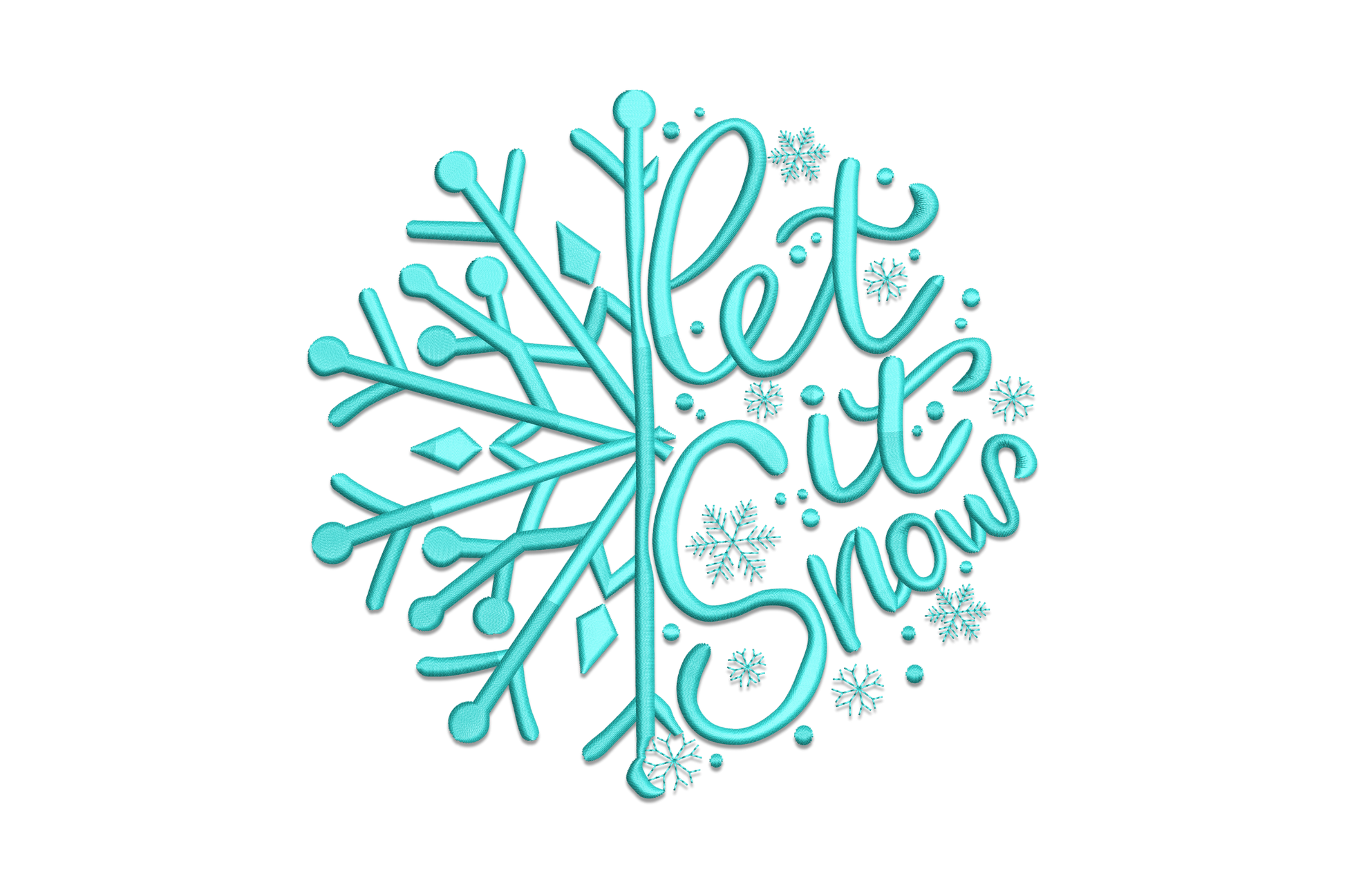 Let it snow typography embroidery design woven into snowflake shape, single teal color, elegant winter machine embroidery pattern instant download