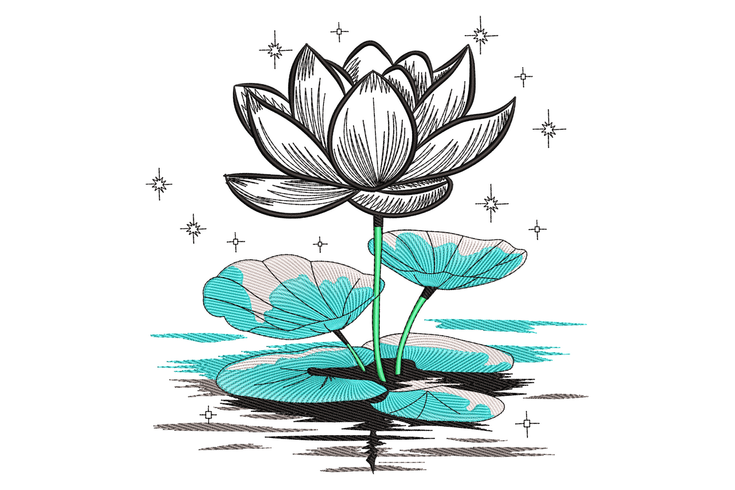 Lotus flower embroidery design in engraving-style black and white with aqua lily pads, teal water ripples, green stems, and small sparkle stars scattered around the bloom.