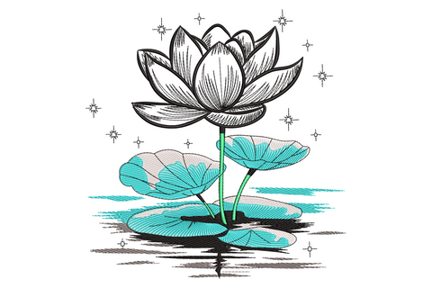 Lotus flower embroidery design in engraving-style black and white with aqua lily pads, teal water ripples, green stems, and small sparkle stars scattered around the bloom.