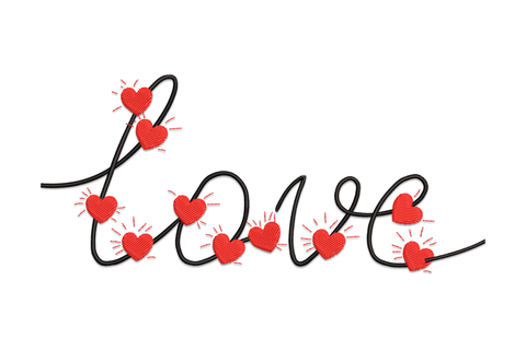 Elegant Love calligraphy script embroidery, upright formal letterforms with long flourishes, 3 colours, wide banner format for wedding gifts and romantic apparel