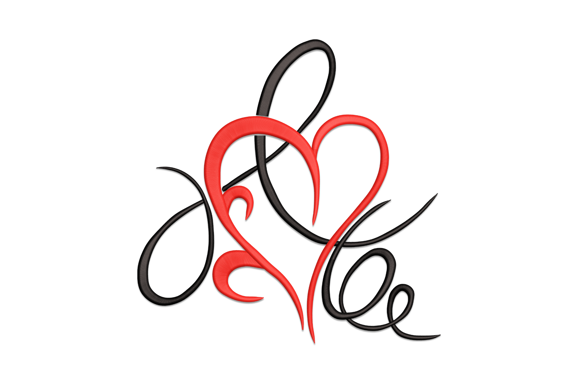 Machine embroidery design of cursive Love script where letters form a heart silhouette, 2 color fill and outline, nearly square format