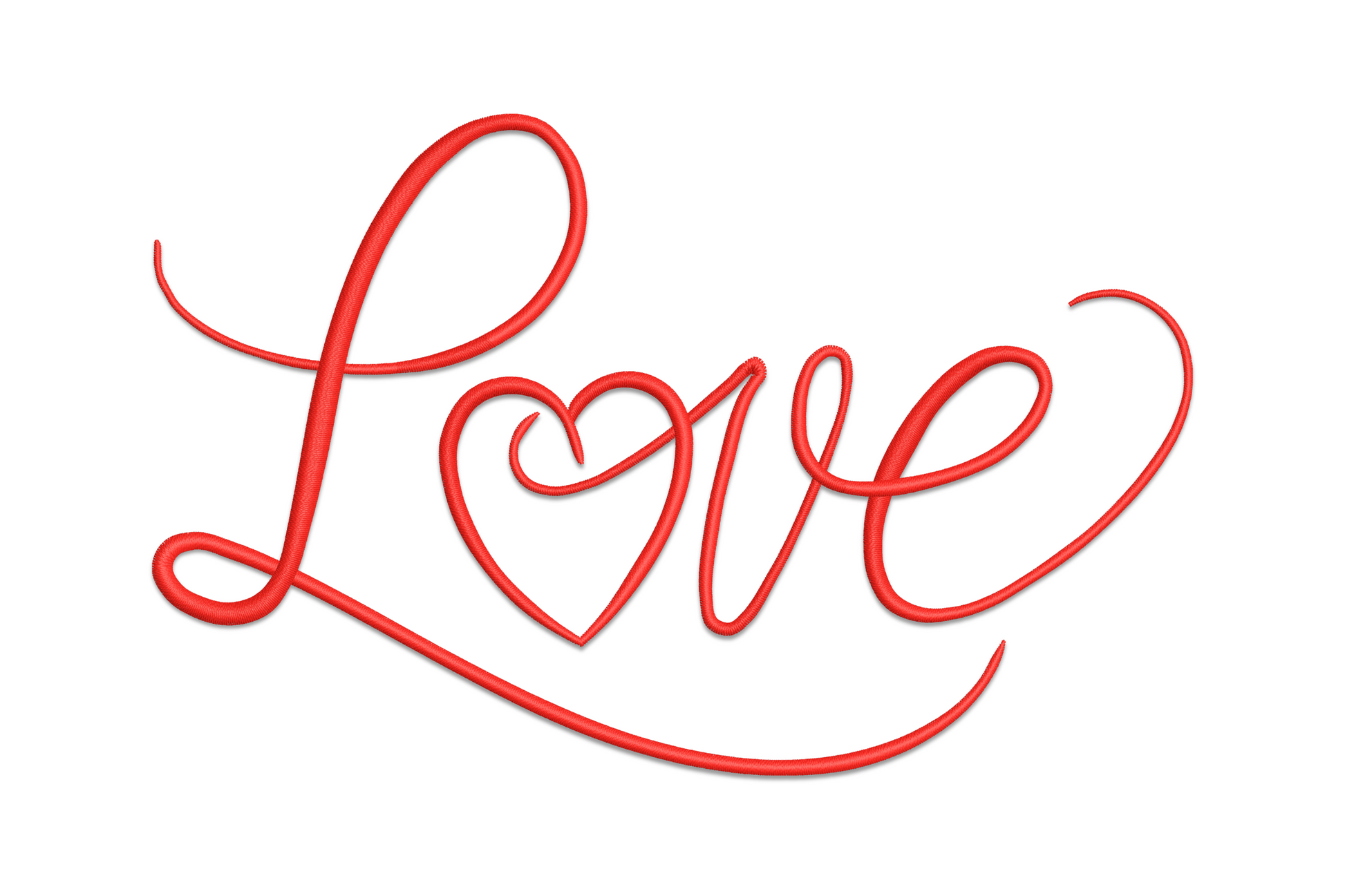 Love script calligraphy embroidery with heart replacing letter o in red satin stitch