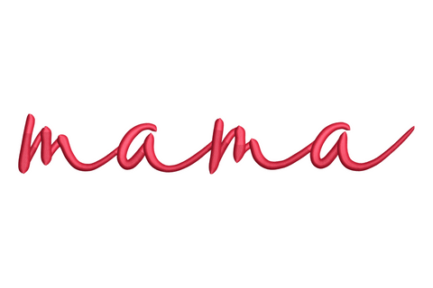Cursive mama script embroidery in flowing lowercase, warm raspberry red, single color, slim connected letterforms on white.