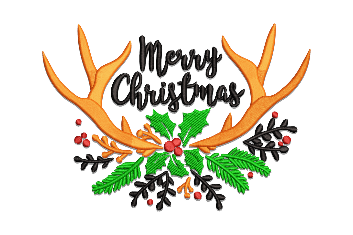 Merry Christmas antlers embroidery, orange deer rack, brush-script text, dark holly sprigs and red berries