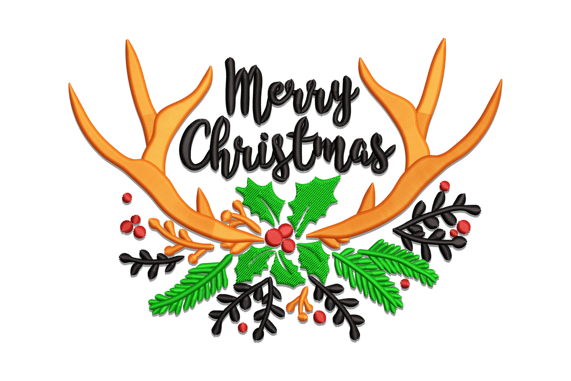 Merry Christmas antlers embroidery, orange deer rack, brush-script text, dark holly sprigs and red berries