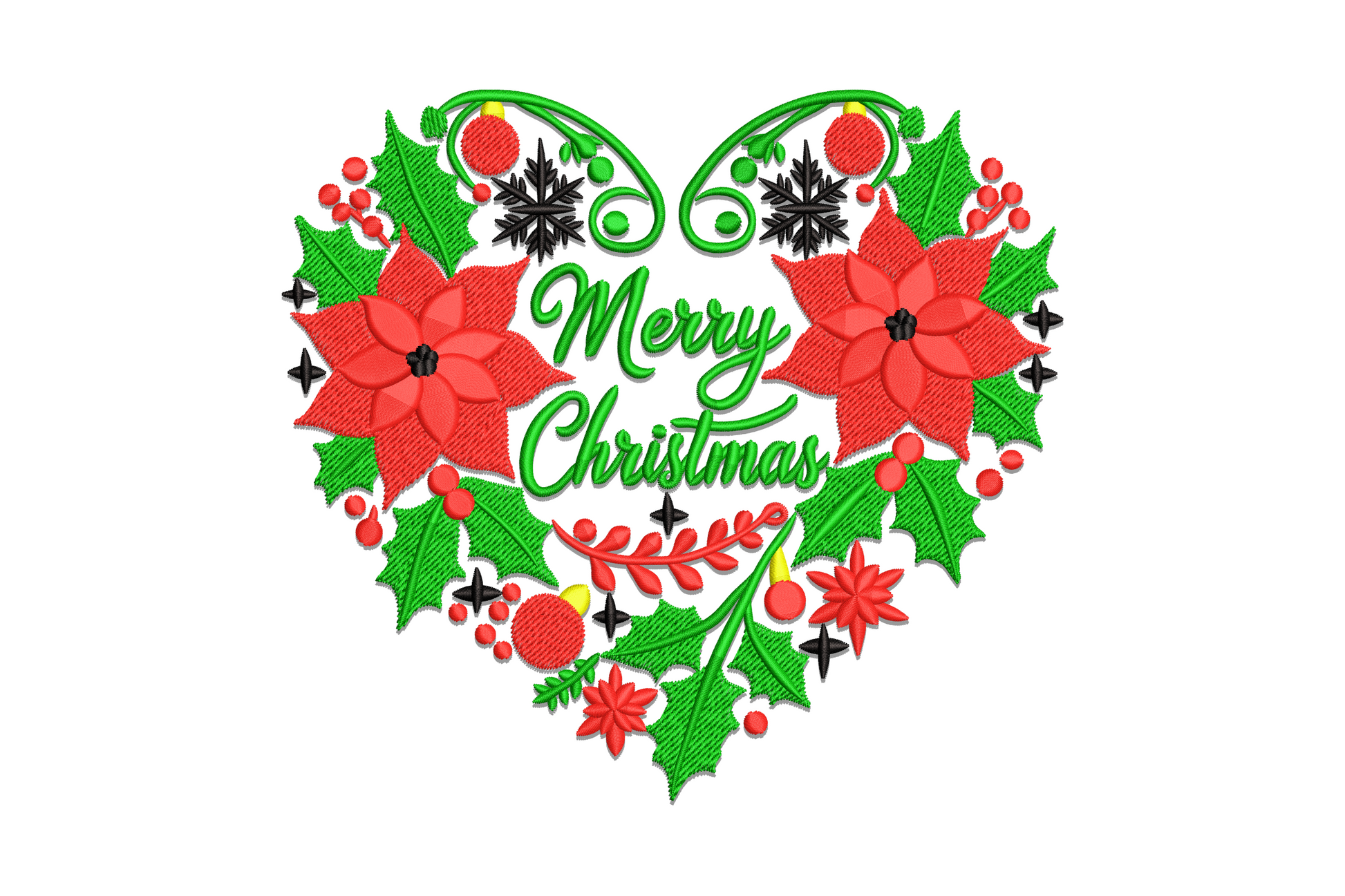 Elegant Merry Christmas heart embroidery design with two red poinsettias, holly, Merry Christmas script, black snowflake stars and ornament balls