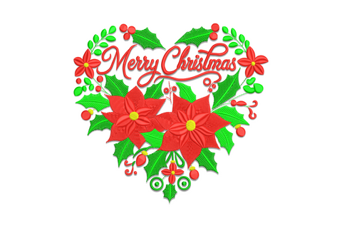 Elegant Christmas heart wreath embroidery with botanical holly, berries, pine stems and flowers arranged in a heart shape with Merry Christmas lettering
