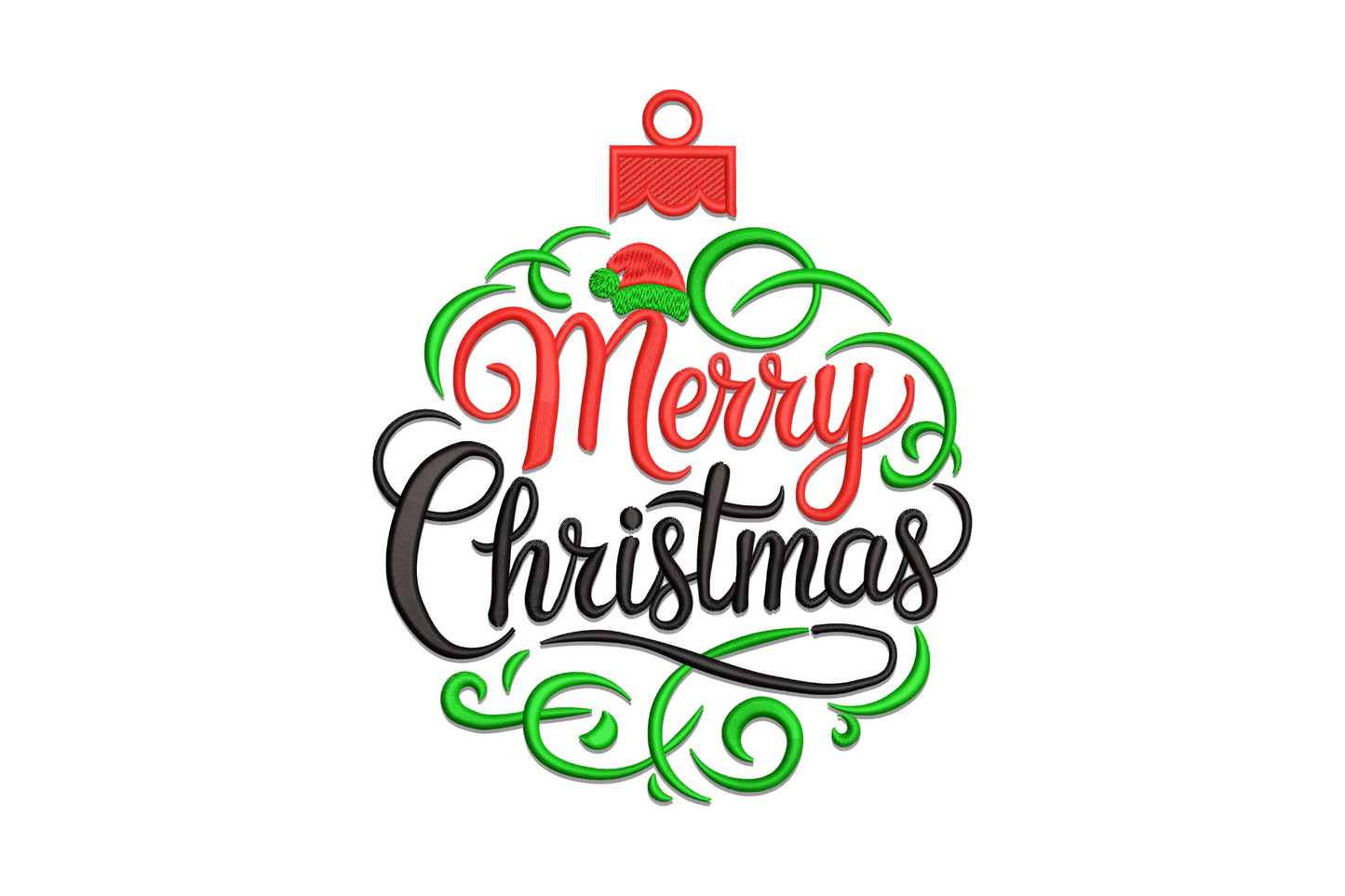 Elegant Christmas ornament embroidery design with rose gold metallic fill and ivory script lettering on white fabric.