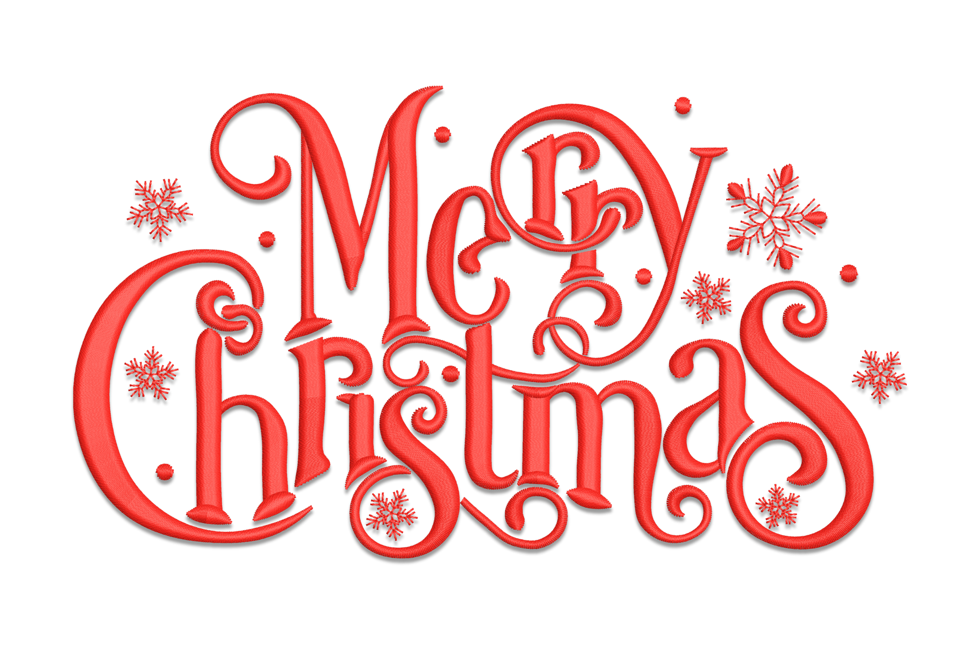 Swirling red Merry Christmas script with snowflakes and vine details, single colour holiday word art embroidery