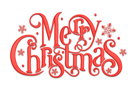 Swirling red Merry Christmas script with snowflakes and vine details, single colour holiday word art embroidery