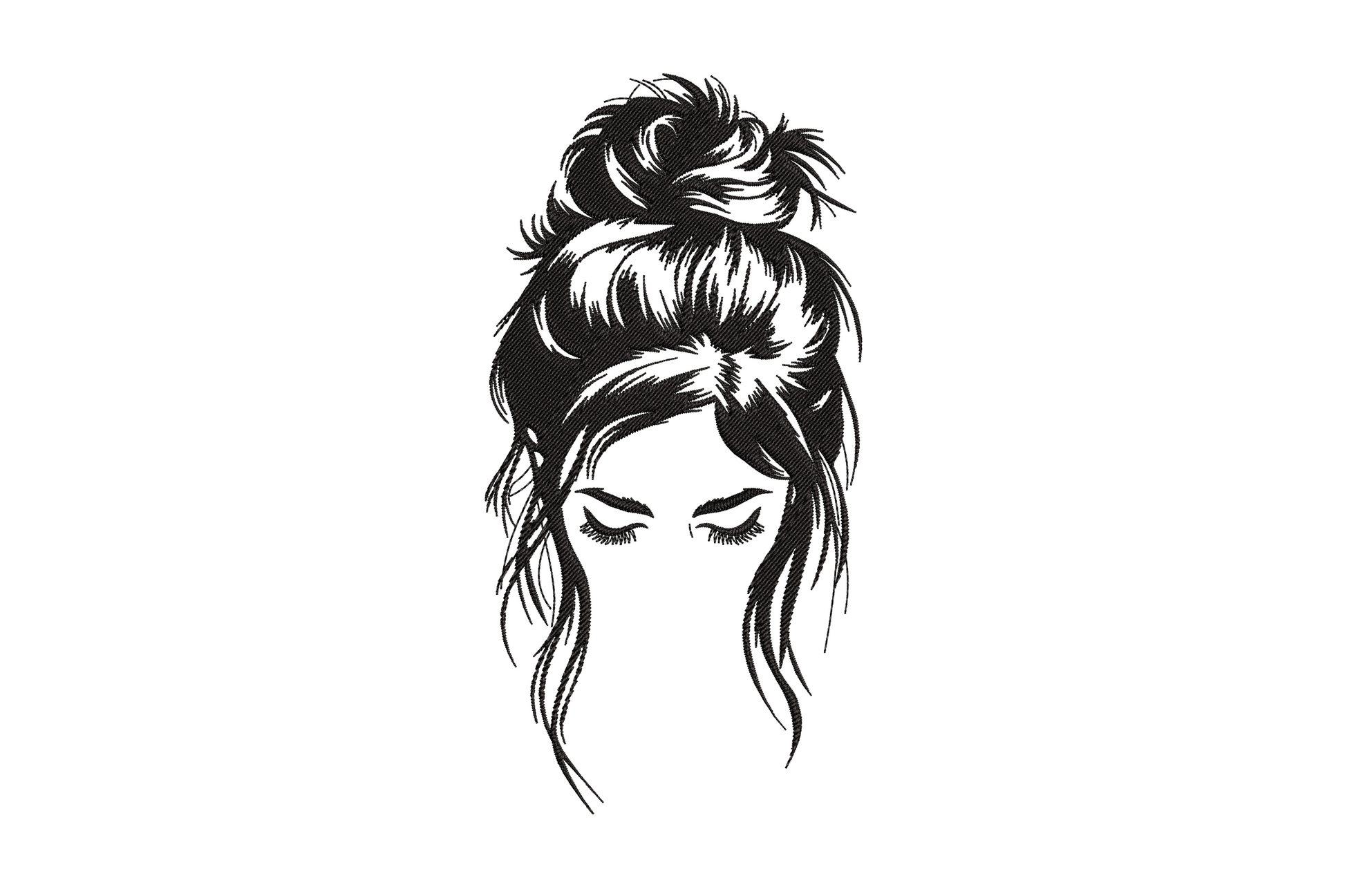Messy bun girl embroidery silhouette in solid black, heavy lashes and loose bun with flyaway strands, machine embroidery design on white background