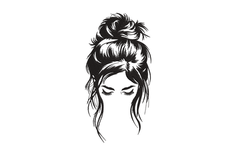 Messy bun girl embroidery silhouette in solid black, heavy lashes and loose bun with flyaway strands, machine embroidery design on white background