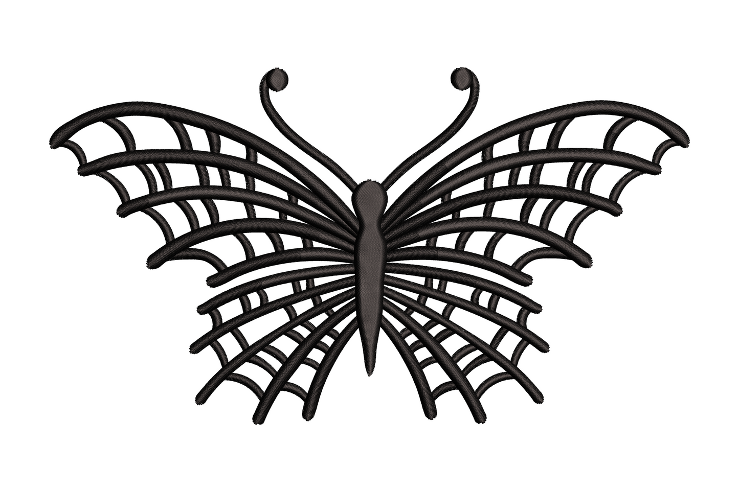 Elegant minimalist butterfly embroidery design with open lace-style wing fill in single black thread, shown on cream fabric.