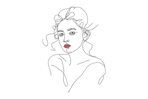 Minimalist one-line style woman face portrait embroidery design in black thread with red lip detail