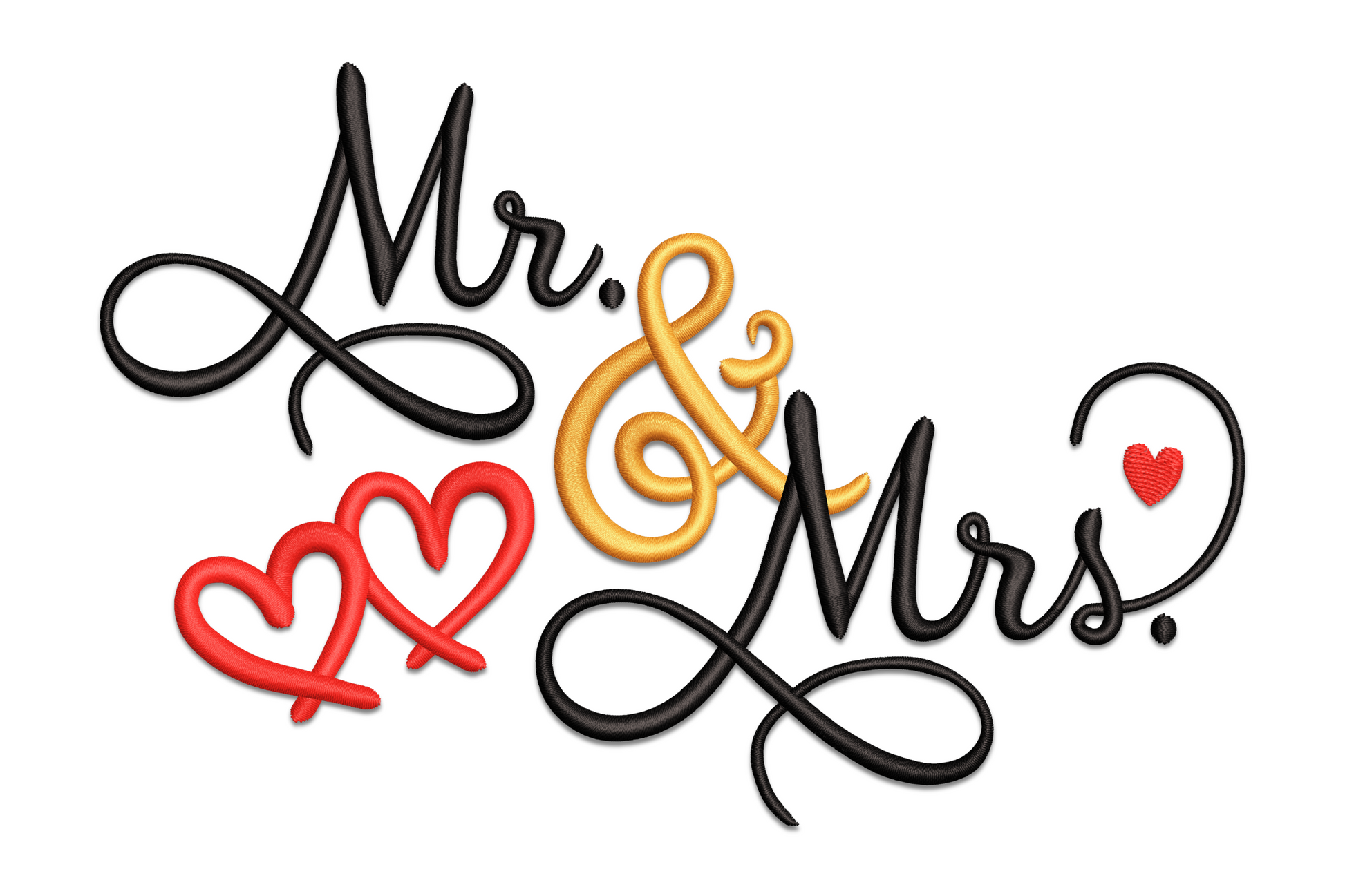 Mr. and Mrs. wedding embroidery, script lettering with heart, 3.5 to 7.5 inch sizes on white fabric