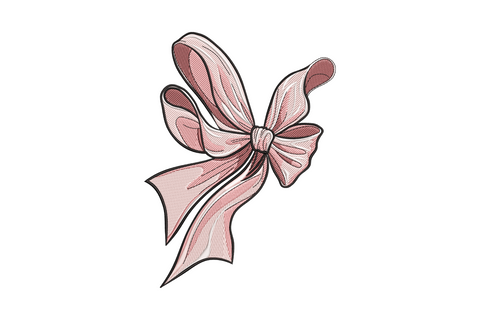 Elegant pink bow embroidery with layered blush and dusty rose ribbon loops, mauve shadow folds and long trailing ribbon tails.