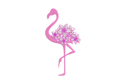Elegant pink flamingo embroidery design showing a wide horizontal flamingo silhouette in solid pink satin with a cluster of detailed outlined flowers across the body in lighter pink, one leg raised, neck curved