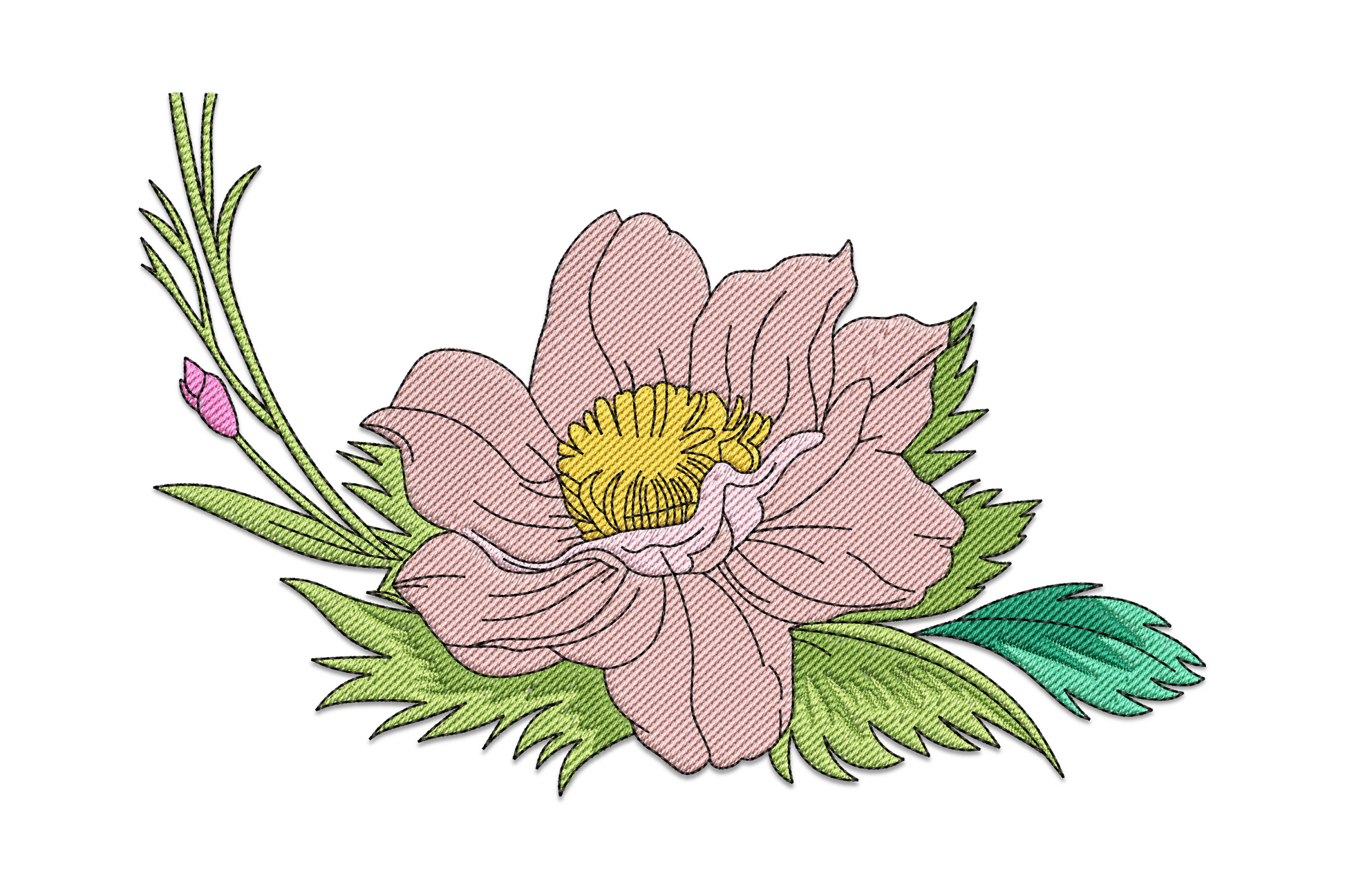 Elegant pink peony flower embroidery with layered dusty rose petals, mustard yellow stamens, green leaves and a small closed bud on a stem.