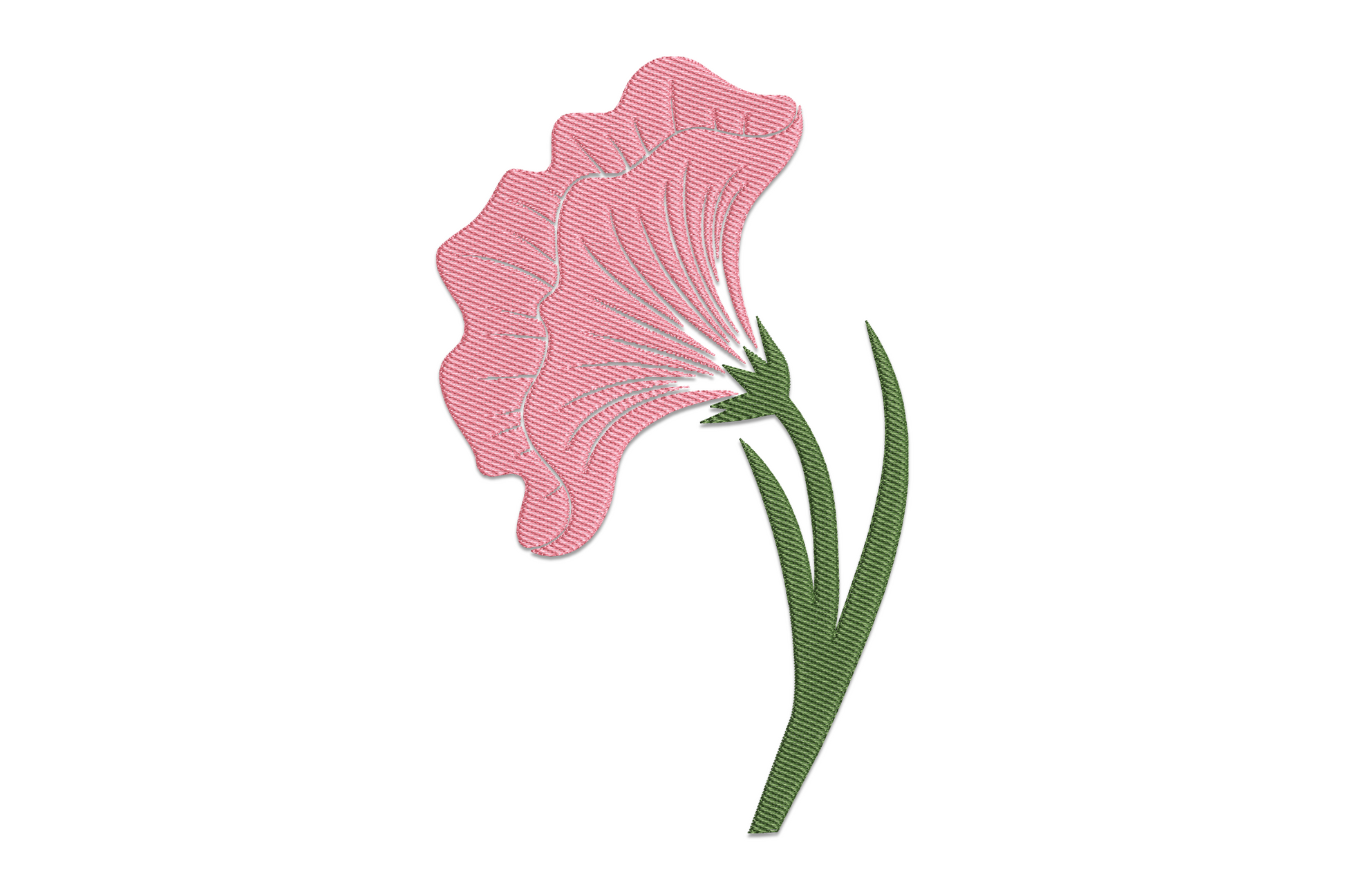 Elegant pink lily flower embroidery design with dusty pink satin petals and dark green stem on blush canvas.
