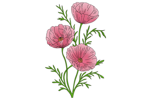 Pink wildflower embroidery design with three poppy blooms on a branching stem, blush petals and vivid green feathery leaves.