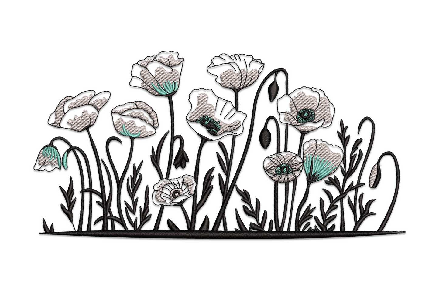 Elegant poppy flower border machine embroidery design, horizontal repeating arrangement in red, green and cream thread on white fabric