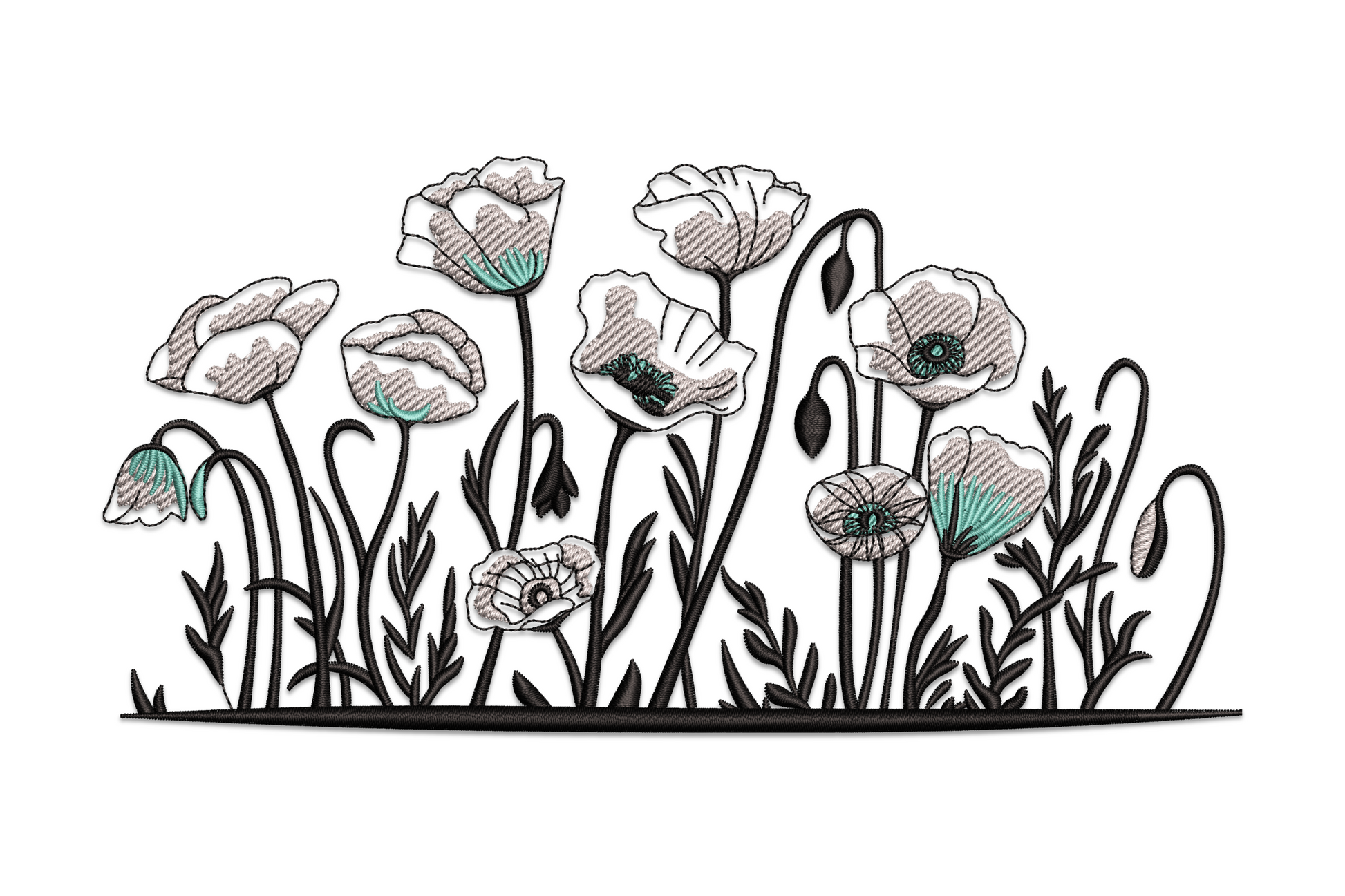 Elegant poppy flower border machine embroidery design, horizontal repeating arrangement in red, green and cream thread on white fabric