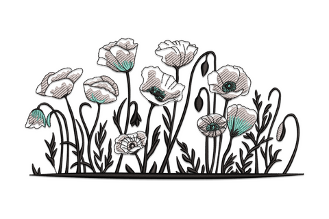Elegant poppy flower border machine embroidery design, horizontal repeating arrangement in red, green and cream thread on white fabric