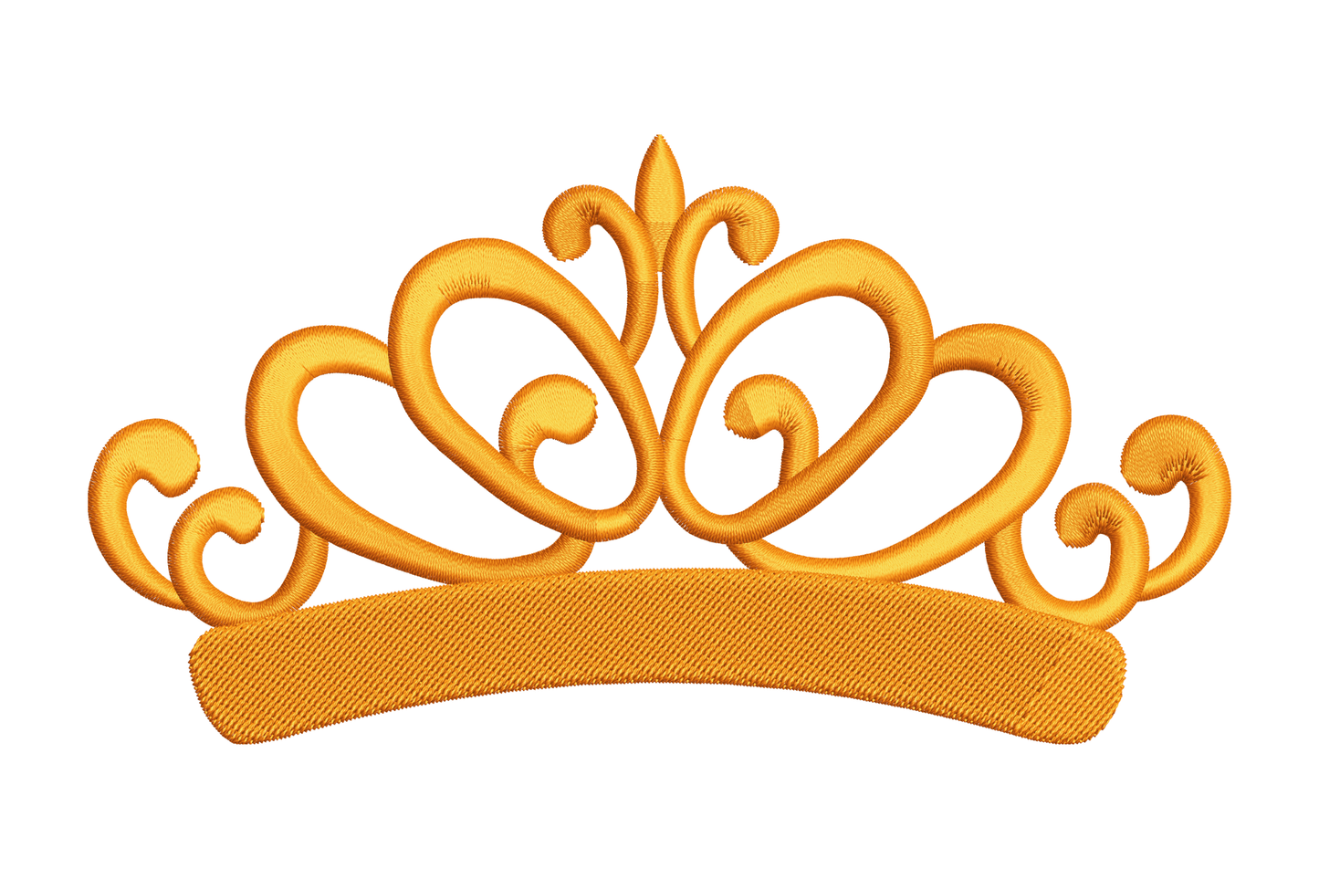 Elegant princess crown embroidery design, open scrollwork tiara with fleur-de-lis spike, swirling curls and solid banner band