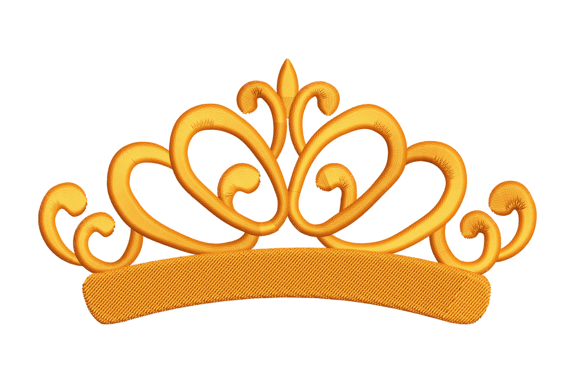 Elegant princess crown embroidery design, open scrollwork tiara with fleur-de-lis spike, swirling curls and solid banner band