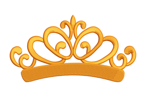 Elegant princess crown embroidery design, open scrollwork tiara with fleur-de-lis spike, swirling curls and solid banner band