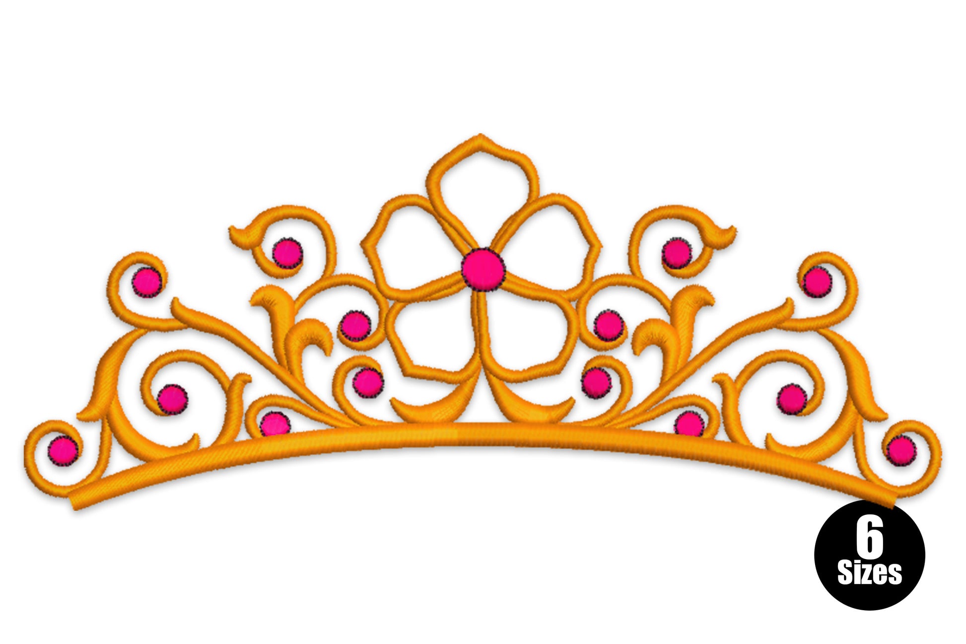 Elegant princess tiara embroidery design with gold scrollwork arms, central flower and hot pink gem dots on a curved band.