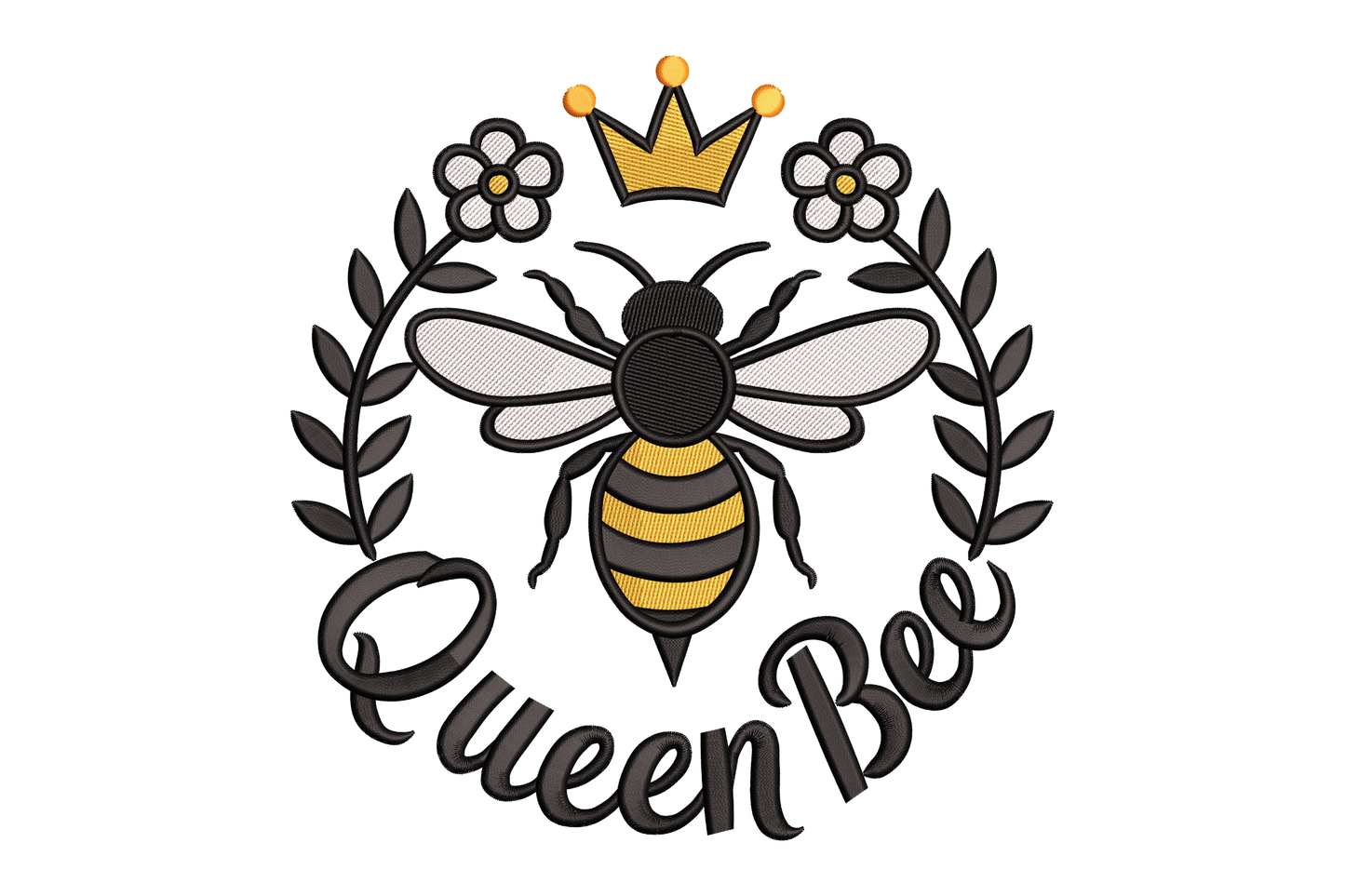 Logo of a bee with flowers and a crown, labeled 'Queen Bee' embroidery design