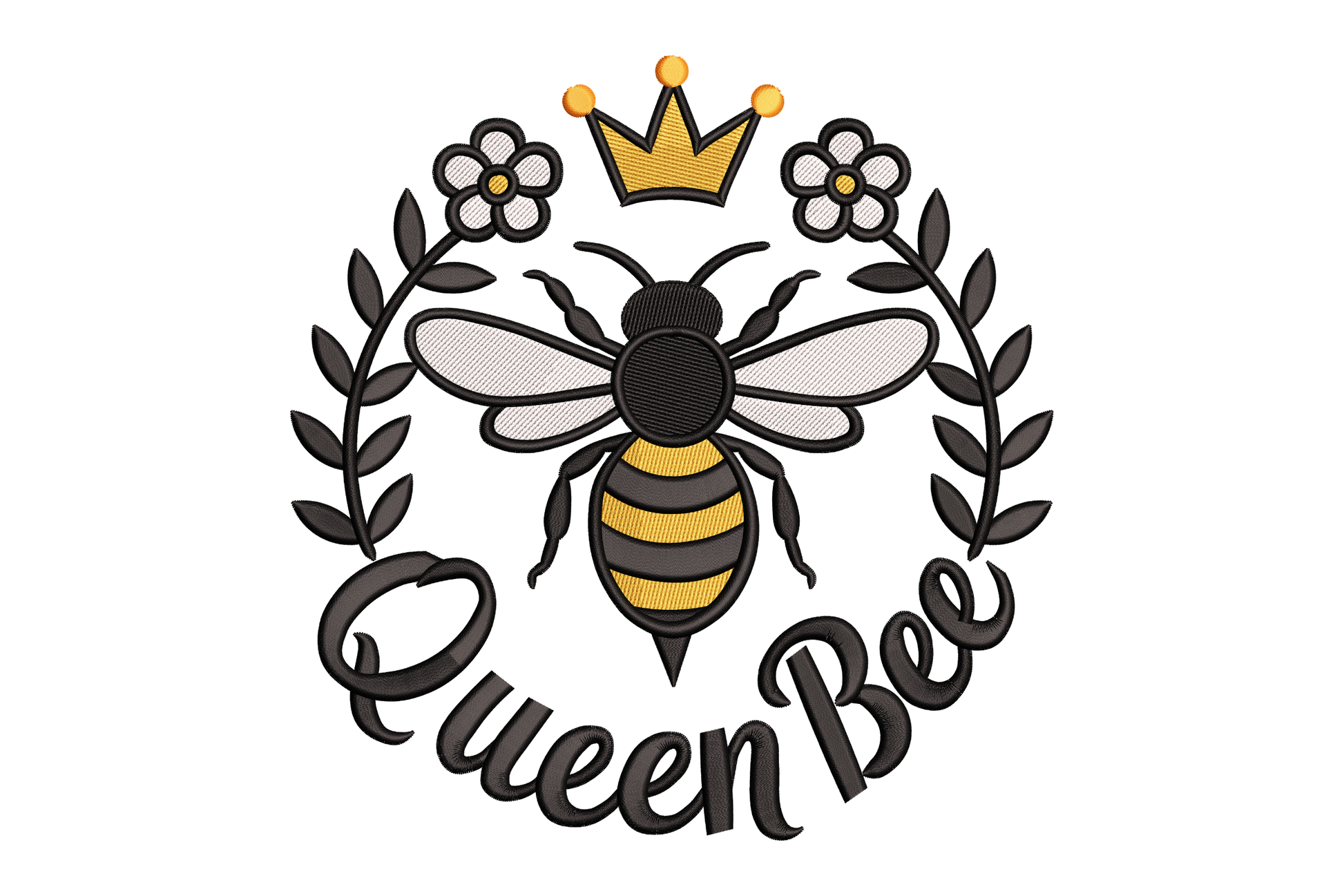 Logo of a bee with flowers and a crown, labeled 'Queen Bee' embroidery design