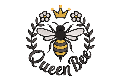 Logo of a bee with flowers and a crown, labeled 'Queen Bee' embroidery design