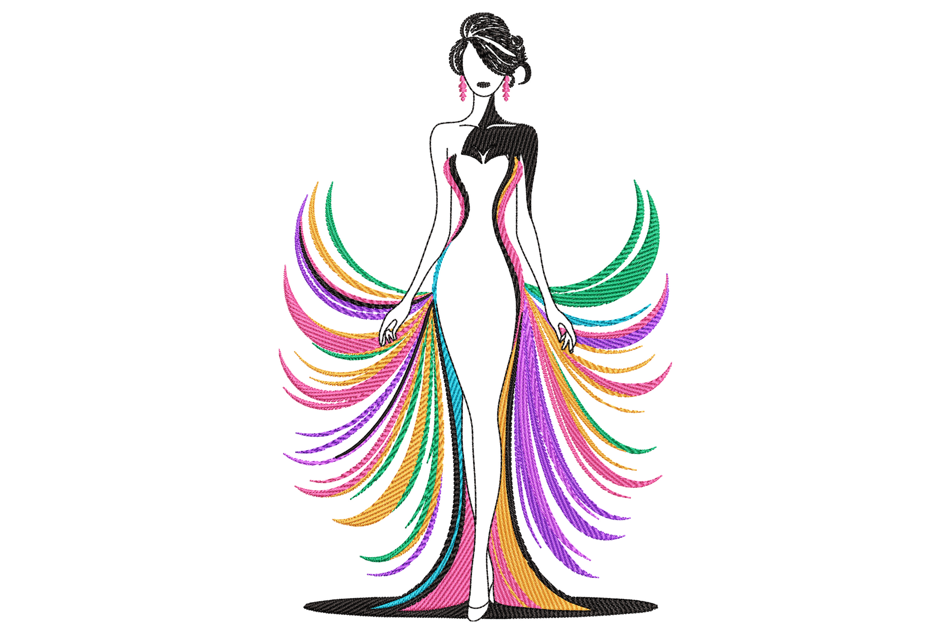 Rainbow dress lady embroidery design, silhouette woman holding a flowing gown that fans into seven streaming colour ribbons.