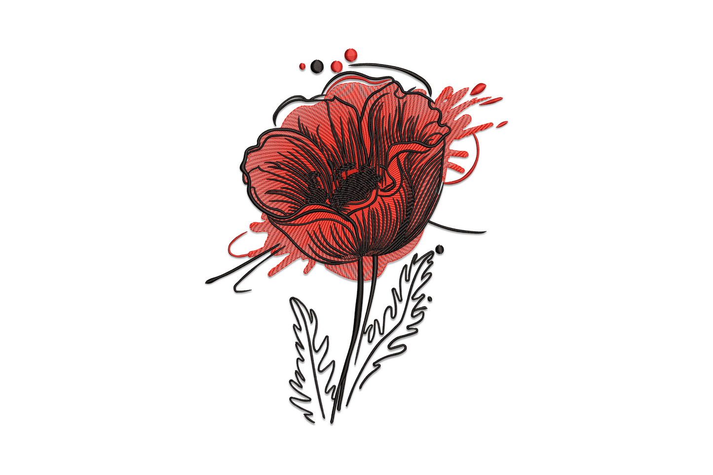 Elegant single red poppy flower with stem and leaves, 3-colour botanical machine embroidery, 6 sizes 2.82 to 6.05 inches wide