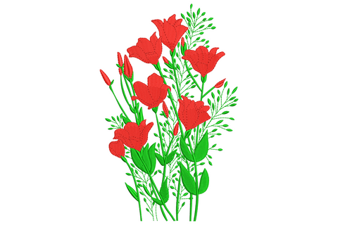 Elegant red rose bouquet machine embroidery, upright florist roses in red and dark green, dense fill satin stitch, instant download