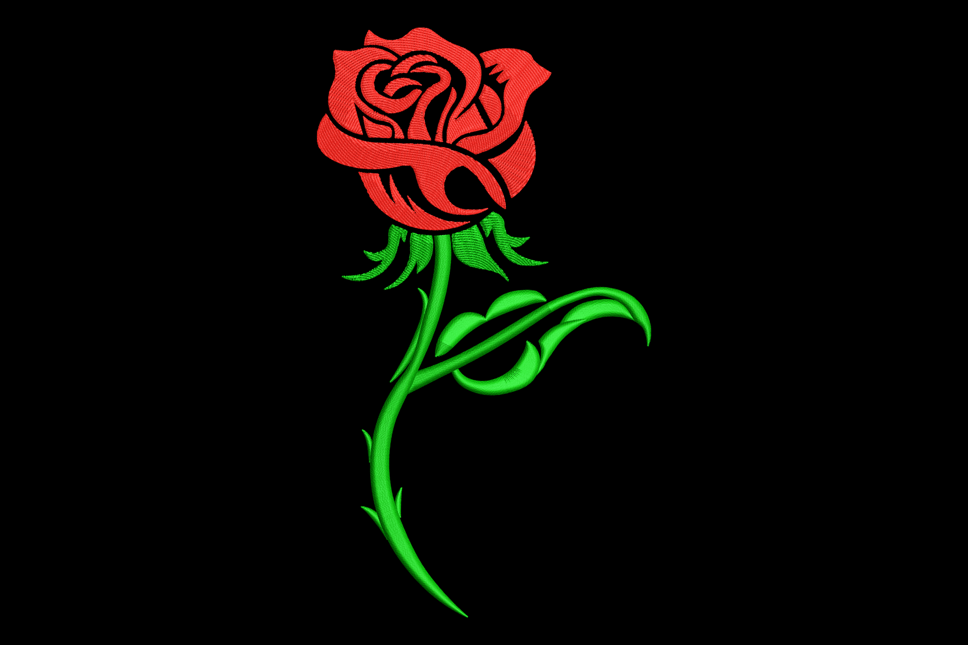 Elegant red rose embroidery design with scarlet satin petals, emerald stem and sage leaves on cream fabric