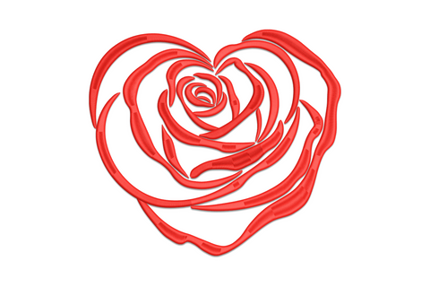 Single-colour red rose outline embroidery shaped like a heart with petal layers and spiral bud centre, botanical line art style