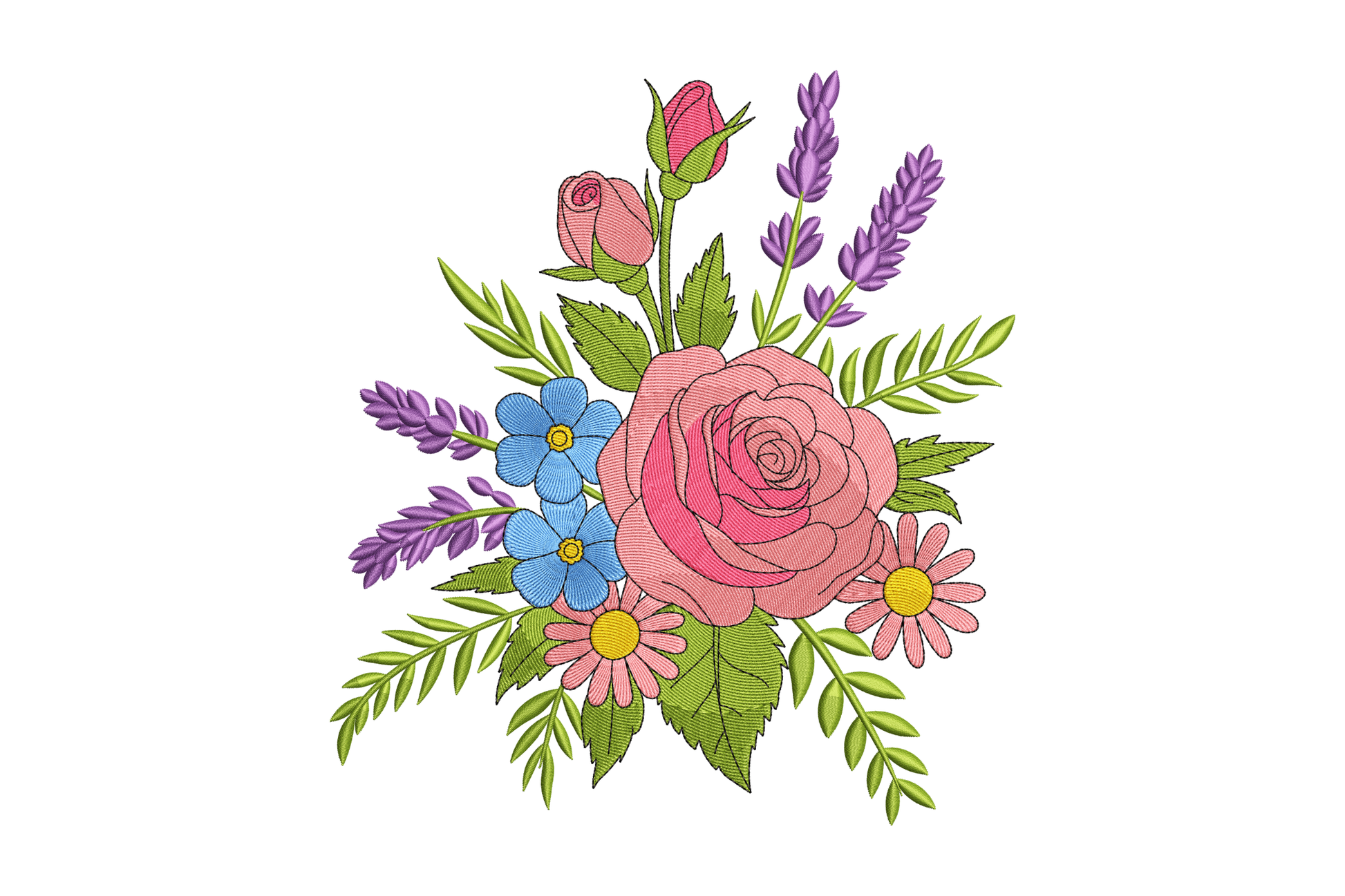Colorful floral arrangement with roses, lavender, and other flowers on a white background
