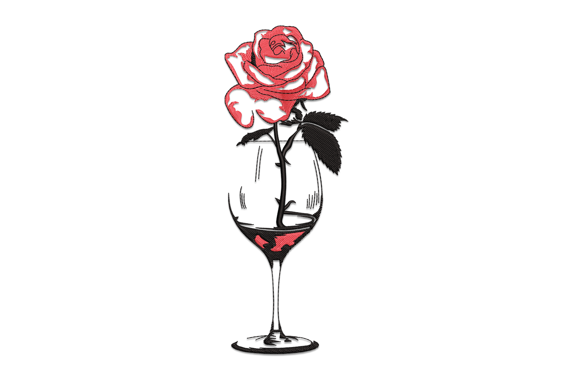 Red rose sitting in a black linework wine glass, stem draped over the rim, 3 thread colors, machine embroidery design on white background