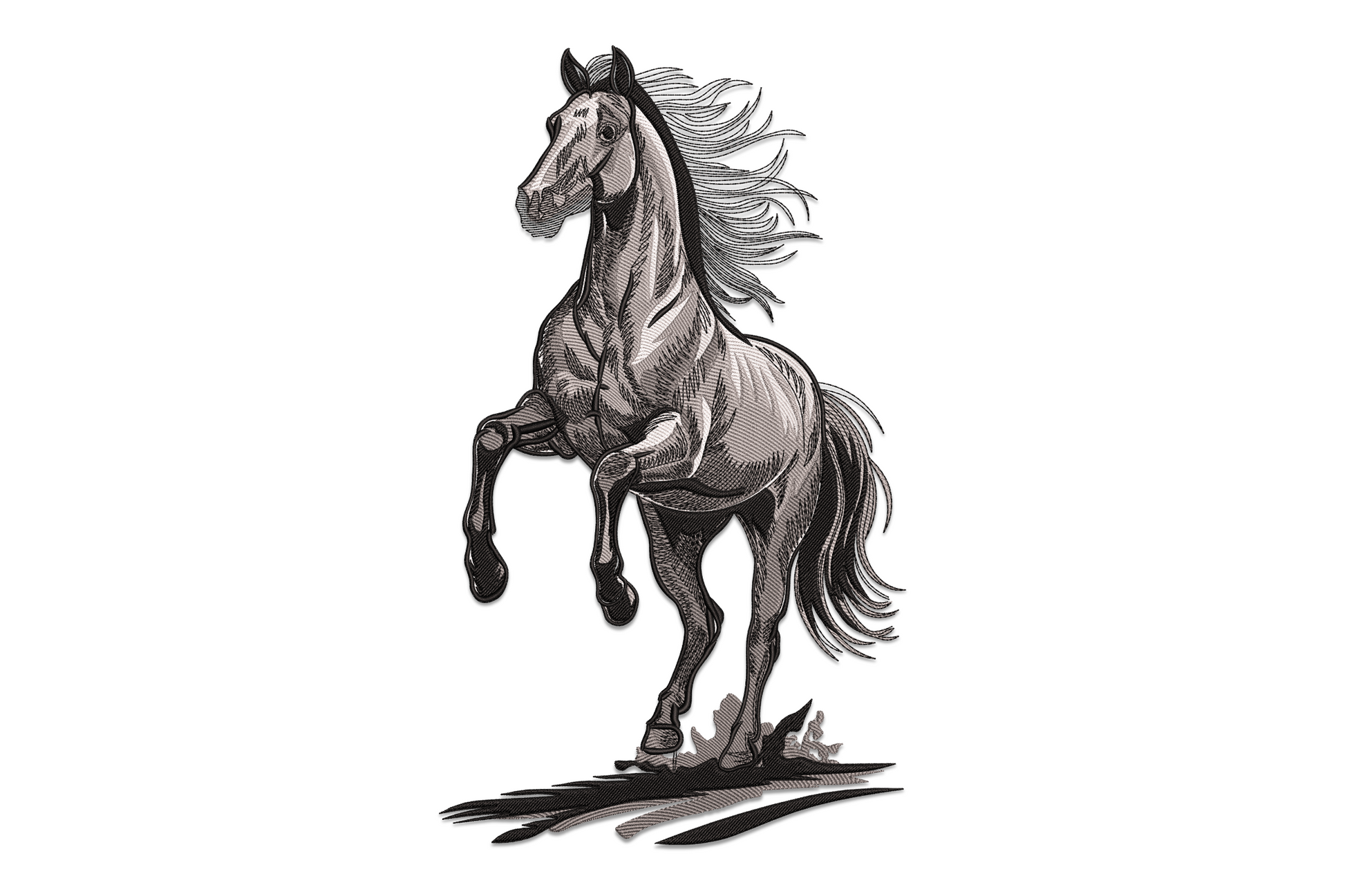 Chestnut running horse embroidery design mid-gallop on navy canvas, flowing mane and cocoa shading on hindquarters.