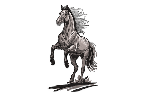 Chestnut running horse embroidery design mid-gallop on navy canvas, flowing mane and cocoa shading on hindquarters.