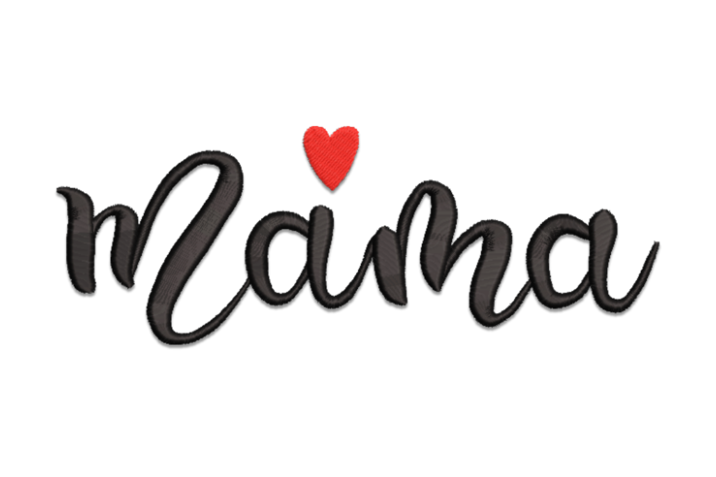 Elegant script Mama word embroidery design in flowing calligraphy lettering with smooth curved strokes and extended tails.