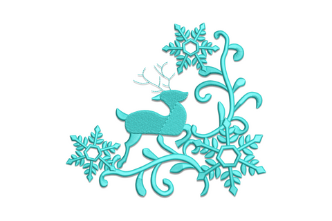 Elegant snowflake reindeer embroidery design in aqua thread, papercut style reindeer surrounded by ornate snowflakes.